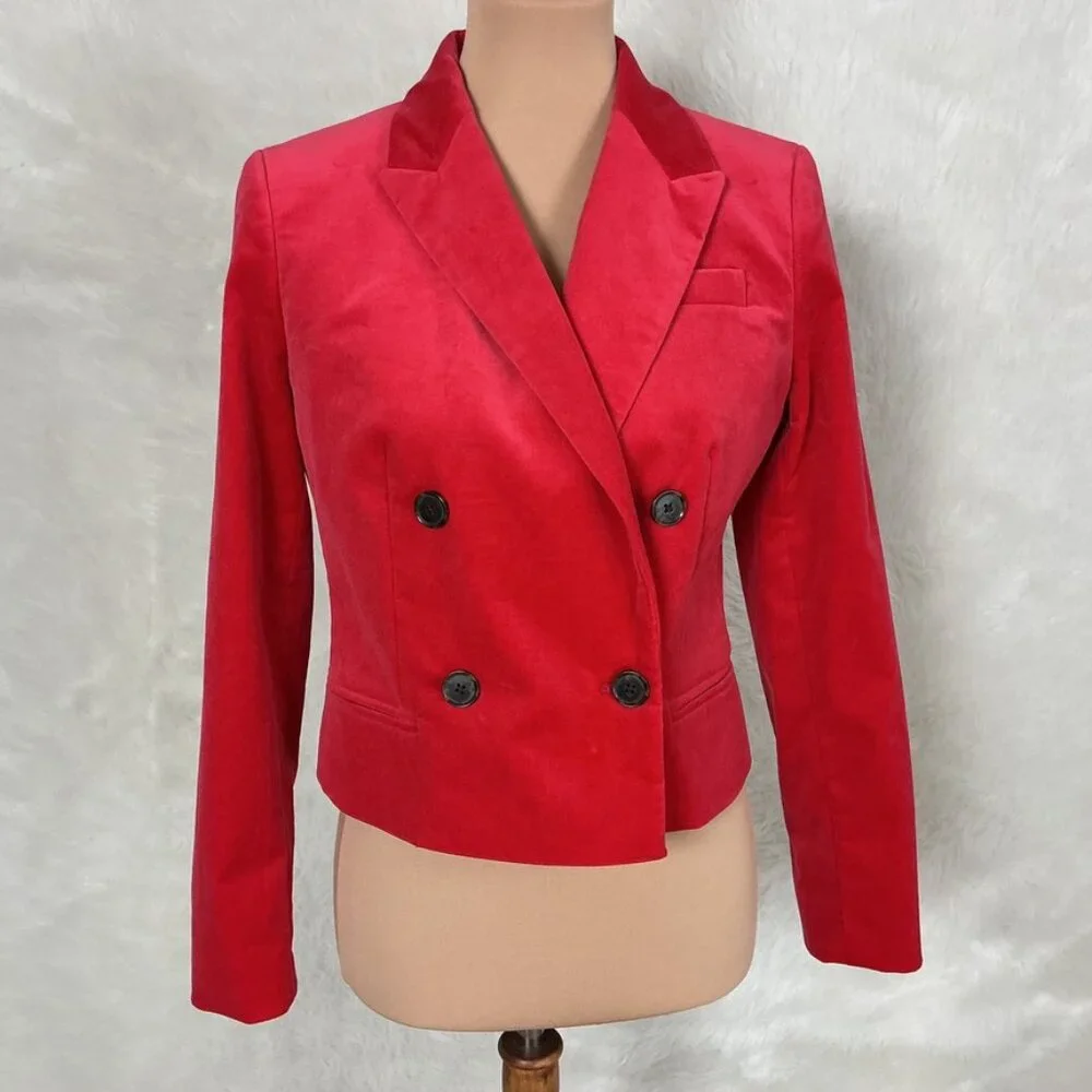 J. Crew Red Stretch Velvet Cropped Double Breasted Blazer NWT Flawed 2